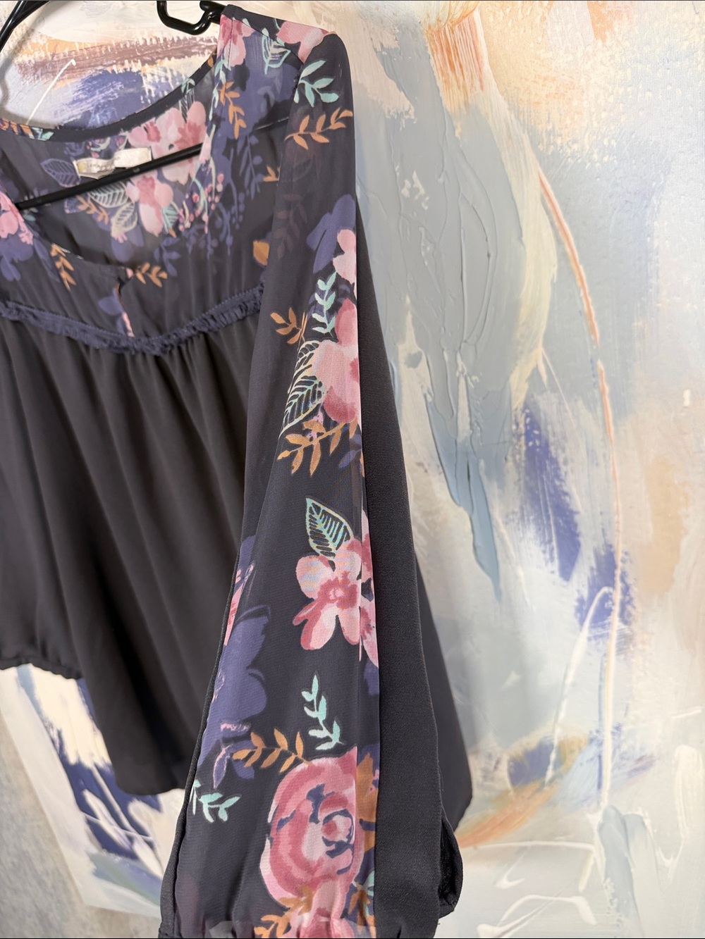 Lauren Conrad Dark Plum Purple Floral Blouse Ruffle Boho Long Sleeve M - Picture 2 of 9